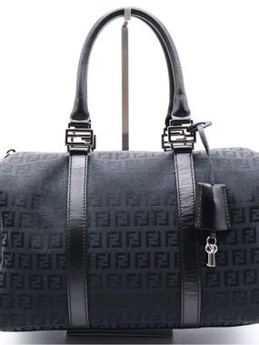 Fendi Black Monogram Boston Bag with lock and keys